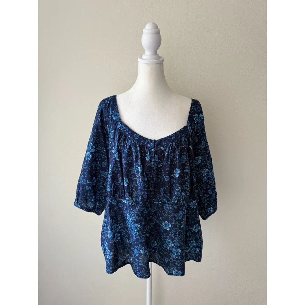 Old Navy Blue Floral Peasant Top 2X Square Neck Smocked Back Cotton Rayon Blouse